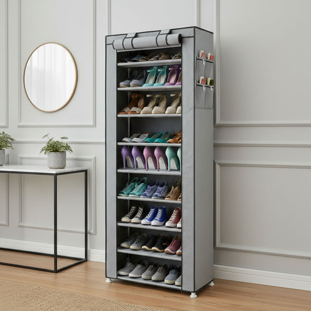 Scarpiera a Colonna Salvaspazio con Copertura Antipolvere – Organizer a 9 Livelli per 27 Paia di Scarpe, Grigio Moderno